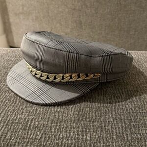Gray Plaid Leather Cap with Gold Chain